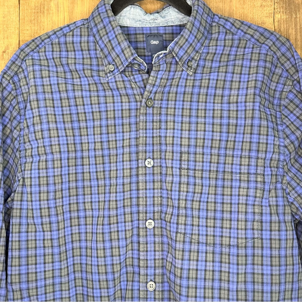Gap Mens Long Sleeve Button Down Blue Grey Plaid Shirt Size Medium